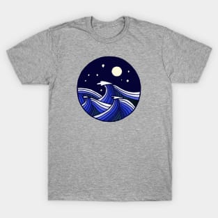 Line drawing: Stylized waves in moonlight in blue and white T-Shirt